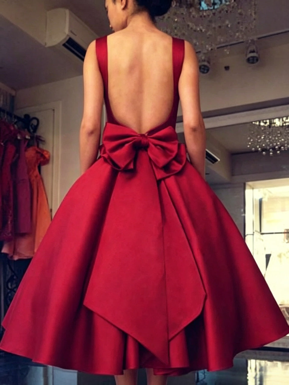 Burgundy A-Line Square Neck Satin Open Back Midi Homecoming Dress - Chloe Dress