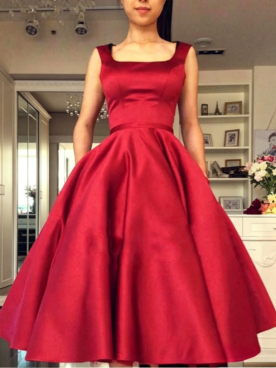 Burgundy A-Line Square Neck Satin Open Back Midi Homecoming Dress - Chloe Dress