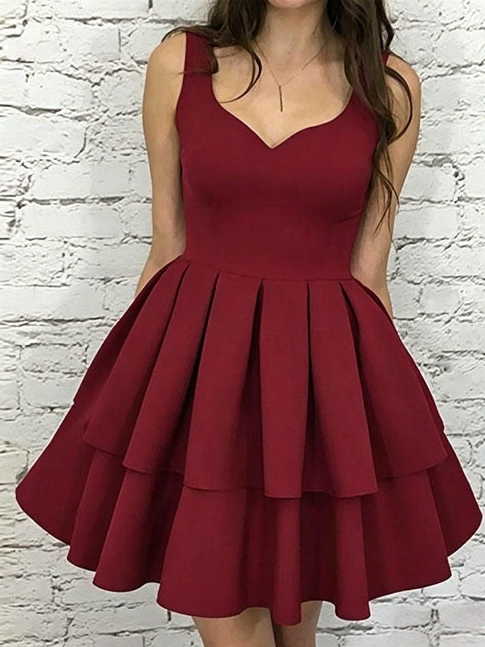 Burgundy A-Line V-Neck Crepe Sleeveless Ruffled Mini Homecoming Dress - Chloe Dress
