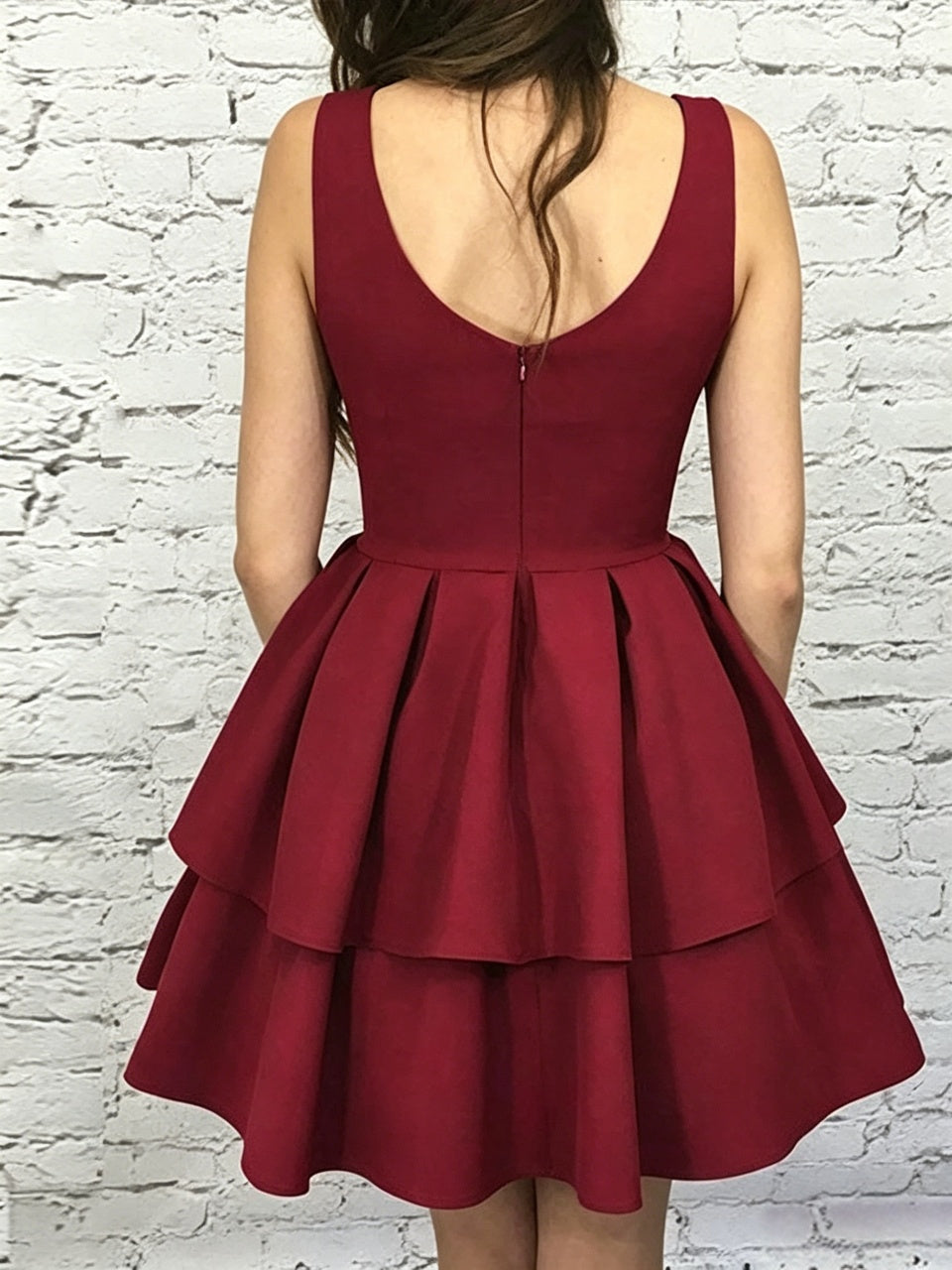 Burgundy A-Line V-Neck Crepe Sleeveless Ruffled Mini Homecoming Dress - Chloe Dress