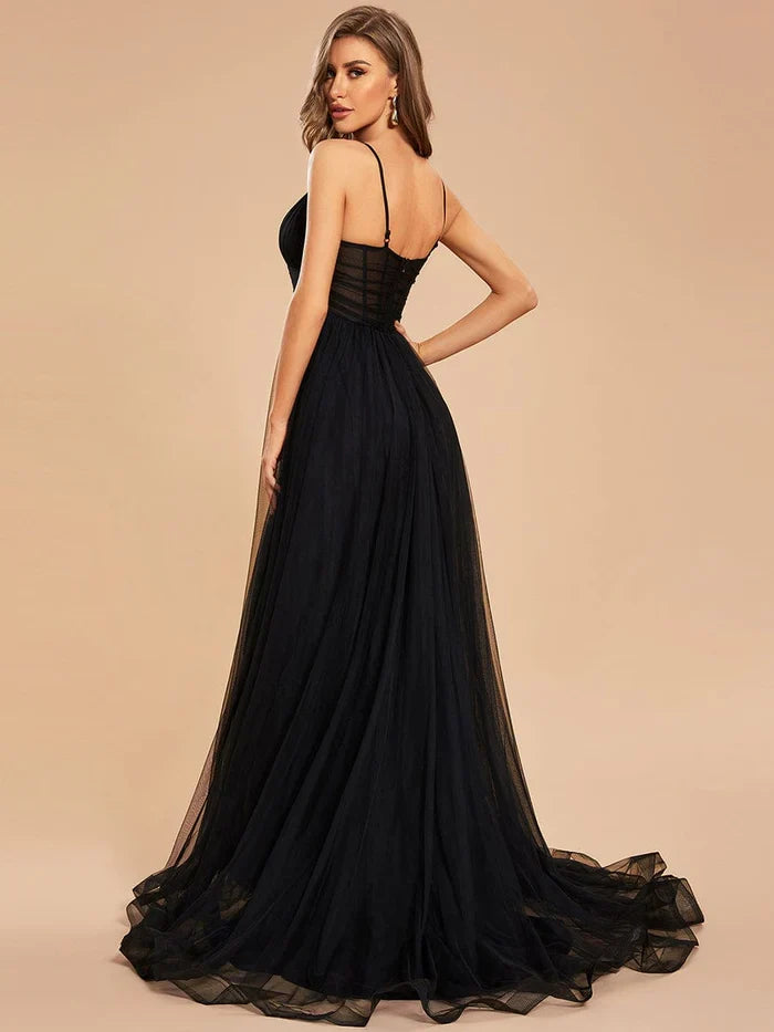 Spaghetti Strap Tulle High Slit Prom Dress - Chloe Dress