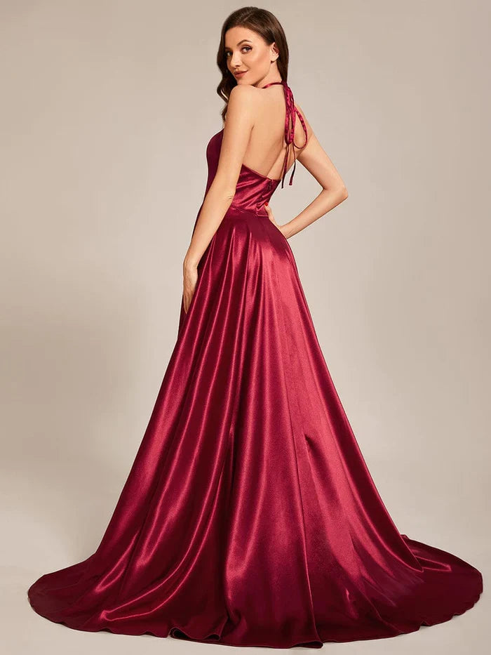 Halter Satin High Slit Prom Dress - Chloe Dress