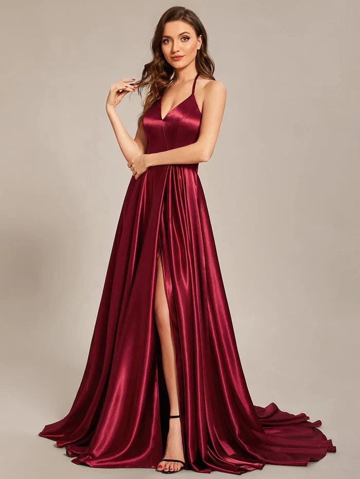 Halter Satin High Slit Prom Dress - Chloe Dress