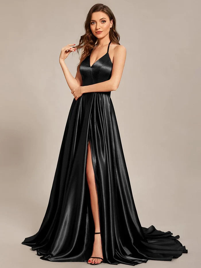 Halter Satin High Slit Prom Dress - Chloe Dress