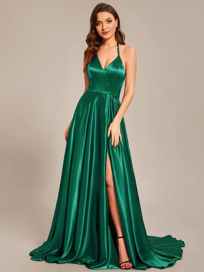Halter Satin High Slit Prom Dress - Chloe Dress