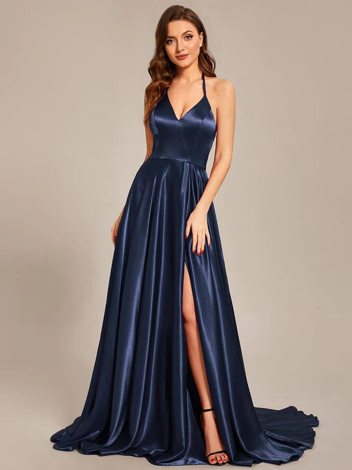 Halter Satin High Slit Prom Dress - Chloe Dress
