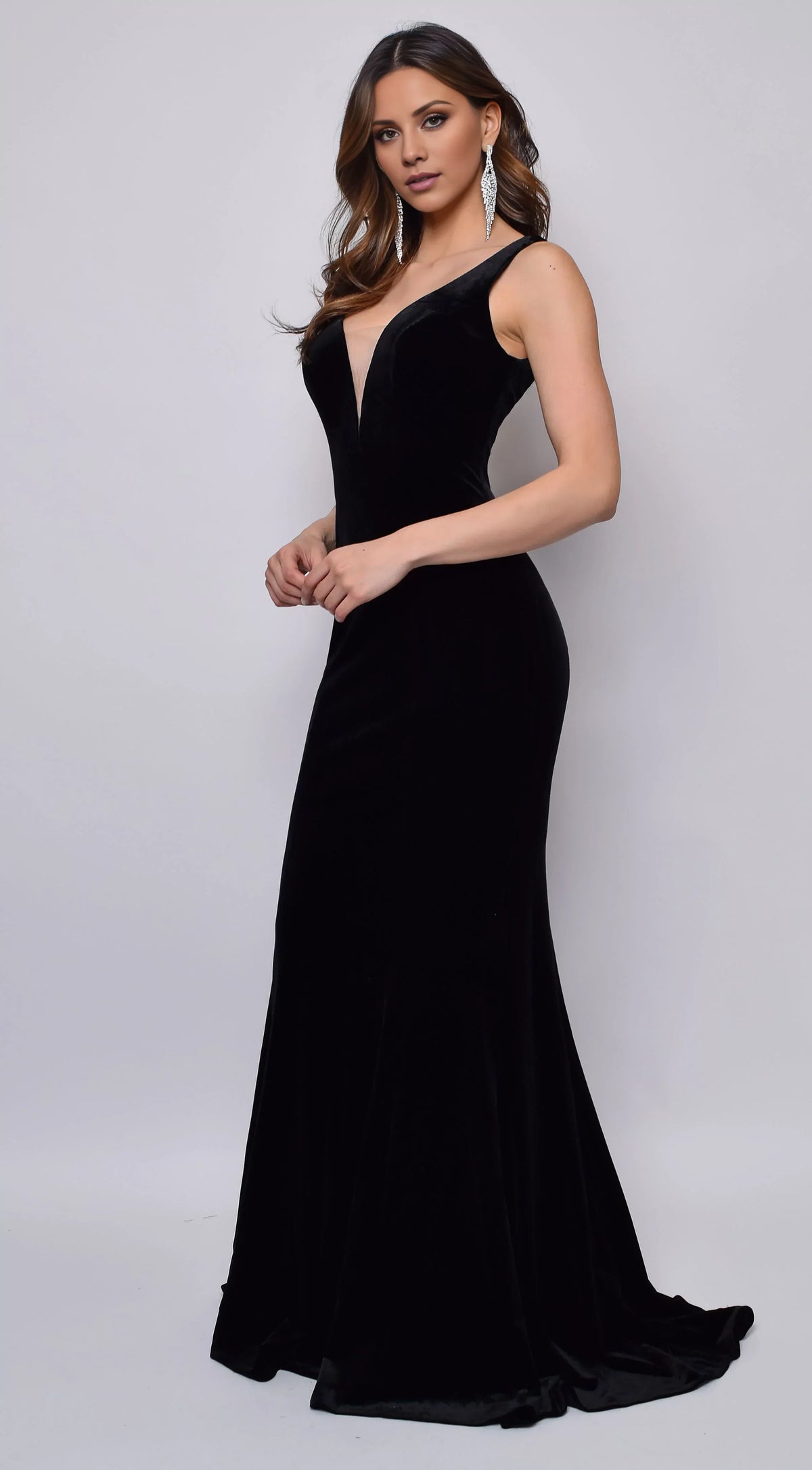 Black Mermaid V-Neck Velvet Sleeveless Train Evening Dress - Chloe Dress