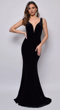 Black Mermaid V-Neck Velvet Sleeveless Train Evening Dress - Chloe Dress