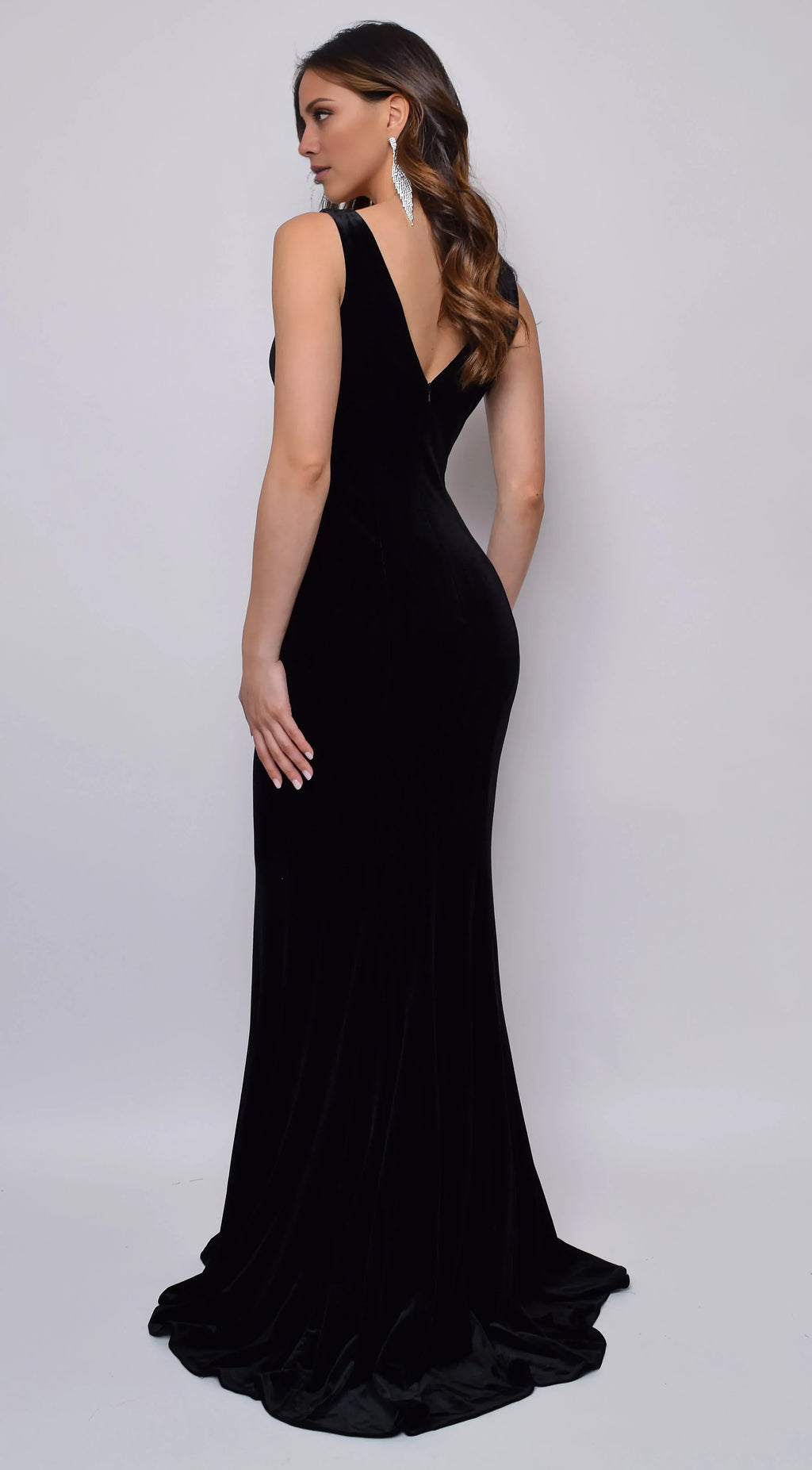 Black Mermaid V-Neck Velvet Sleeveless Train Evening Dress - Chloe Dress