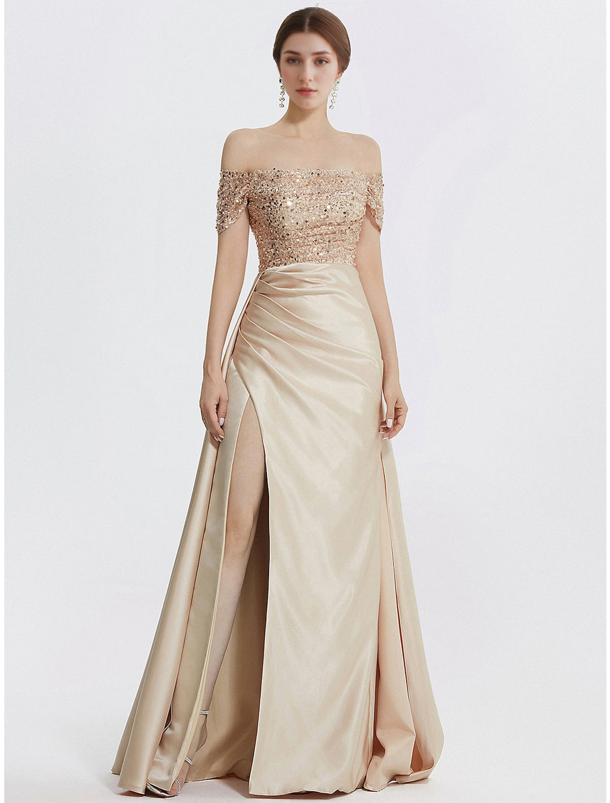 Sheath Off-Shoulder Sequin Short Sleeve High Slit Floor-Length Evening Gown - Chloe Dress