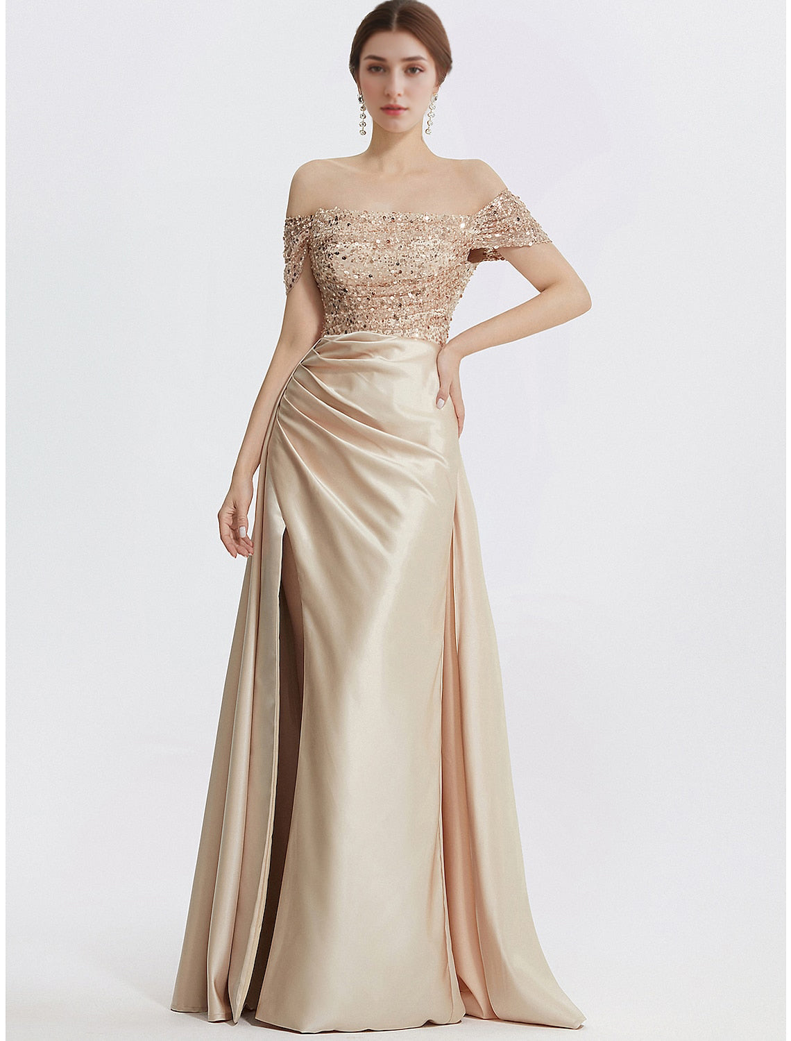 Sheath Off-Shoulder Sequin Short Sleeve High Slit Floor-Length Evening Gown - Chloe Dress