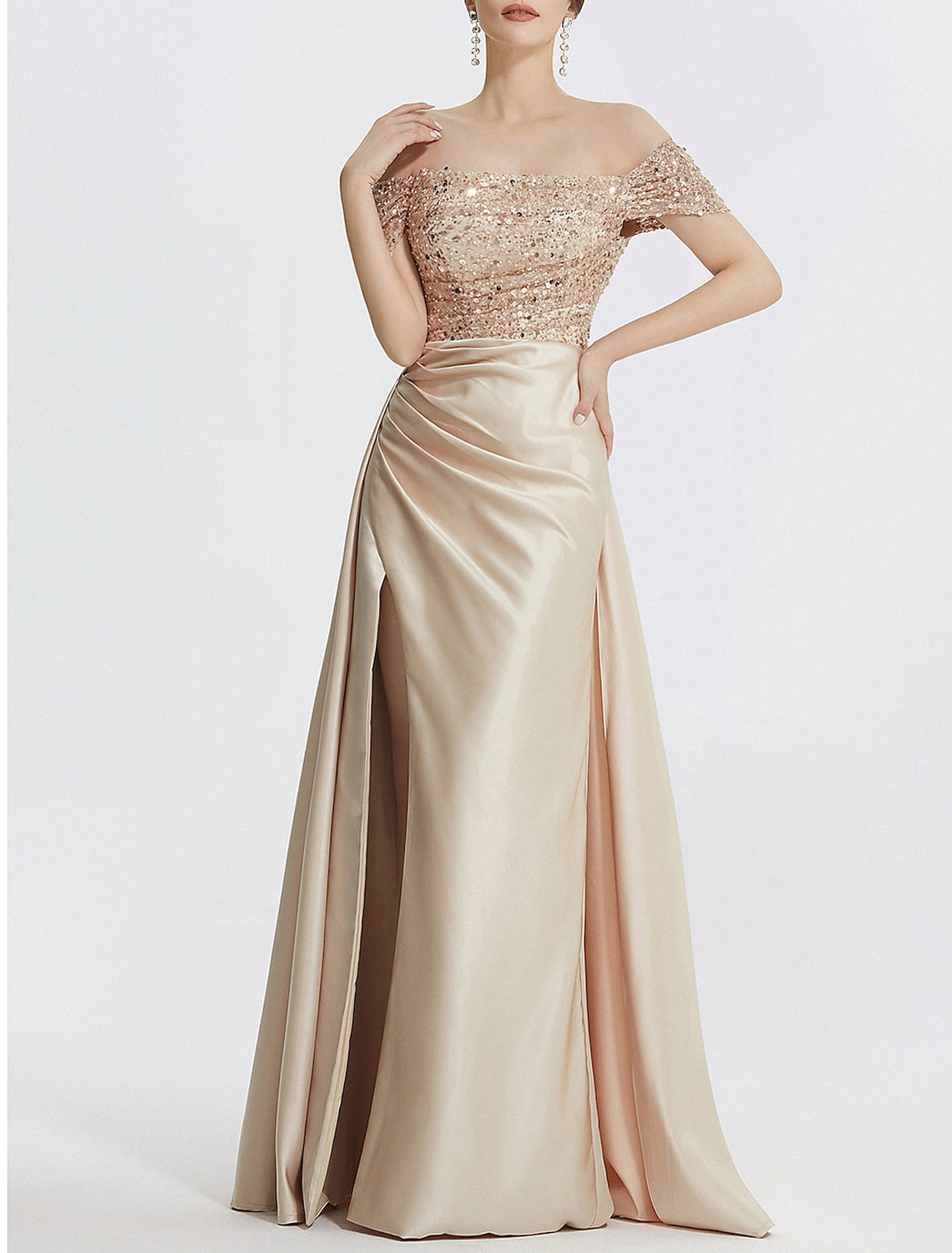 Sheath Off-Shoulder Sequin Short Sleeve High Slit Floor-Length Evening Gown - Chloe Dress