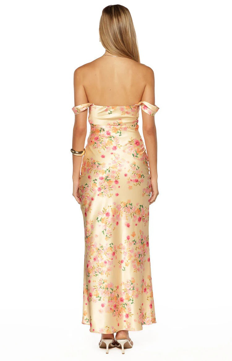 Champagne Off-Shoulder Satin Floor-Length Formal Dress - Chloe Dress