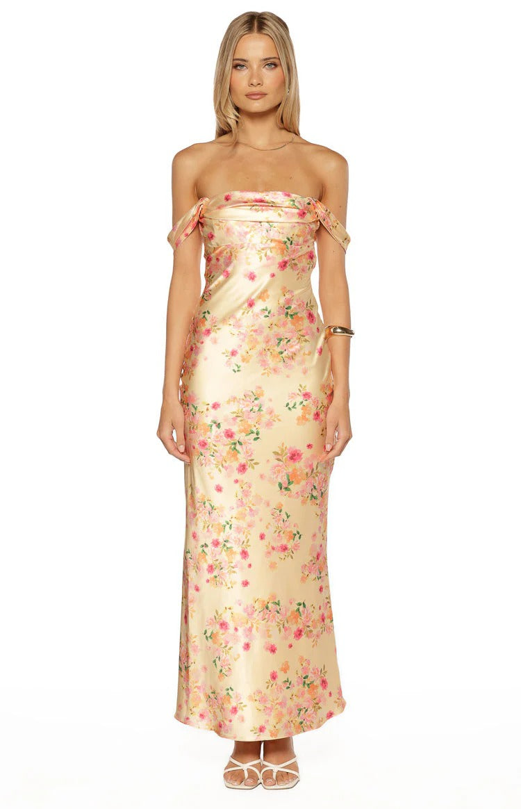 Champagne Off-Shoulder Satin Floor-Length Formal Dress - Chloe Dress