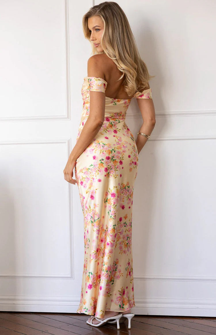 Champagne Off-Shoulder Satin Floor-Length Formal Dress - Chloe Dress