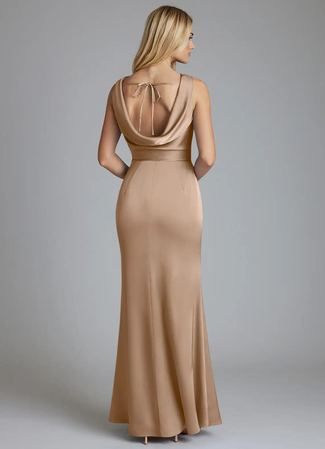 Champagne Mermaid Cowl Neck Satin Open Back Wedding Dress - Chloe Dress
