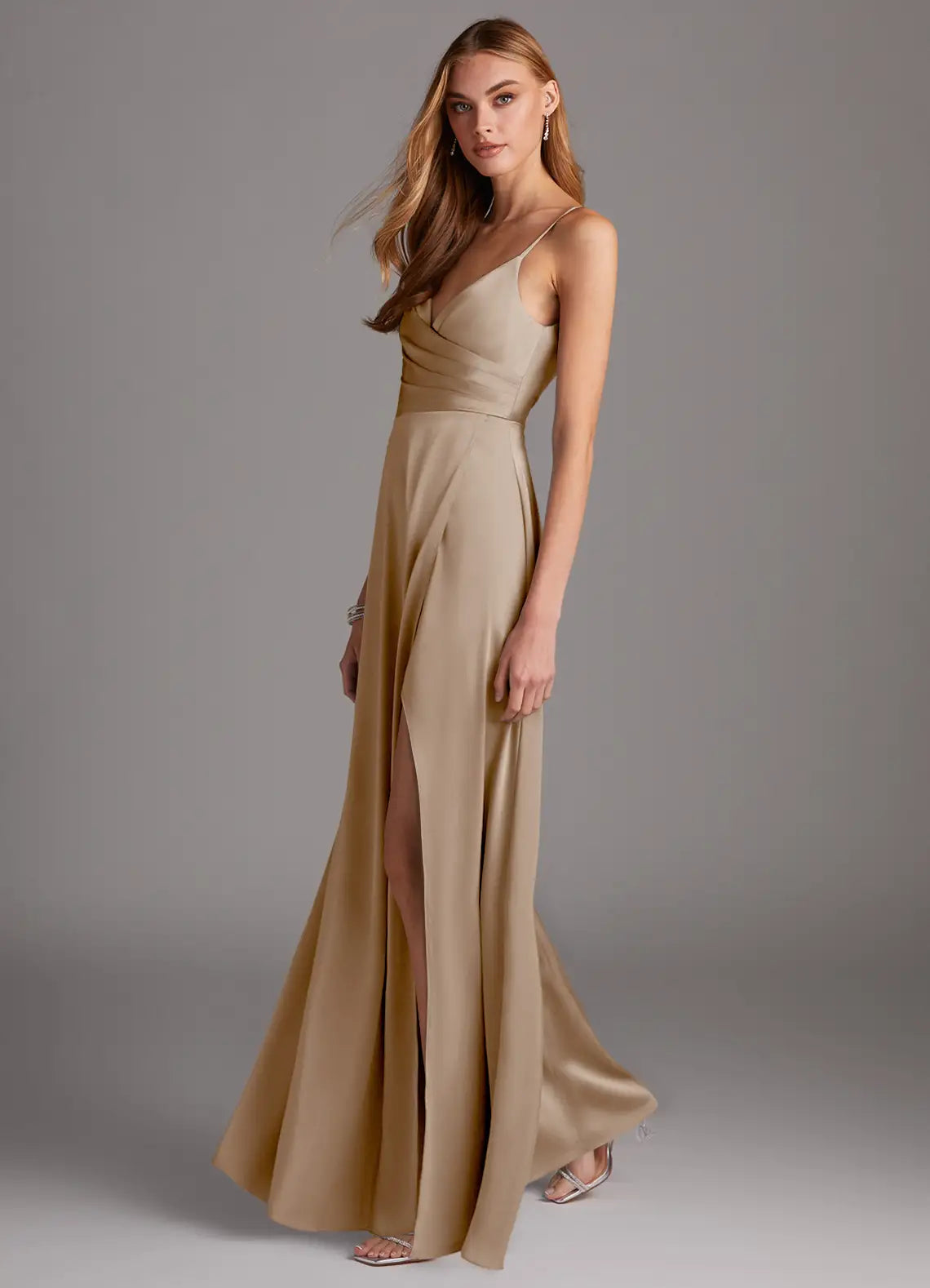 Champagne Spaghetti Strap Satin High Slit Wedding Dress - Chloe Dress
