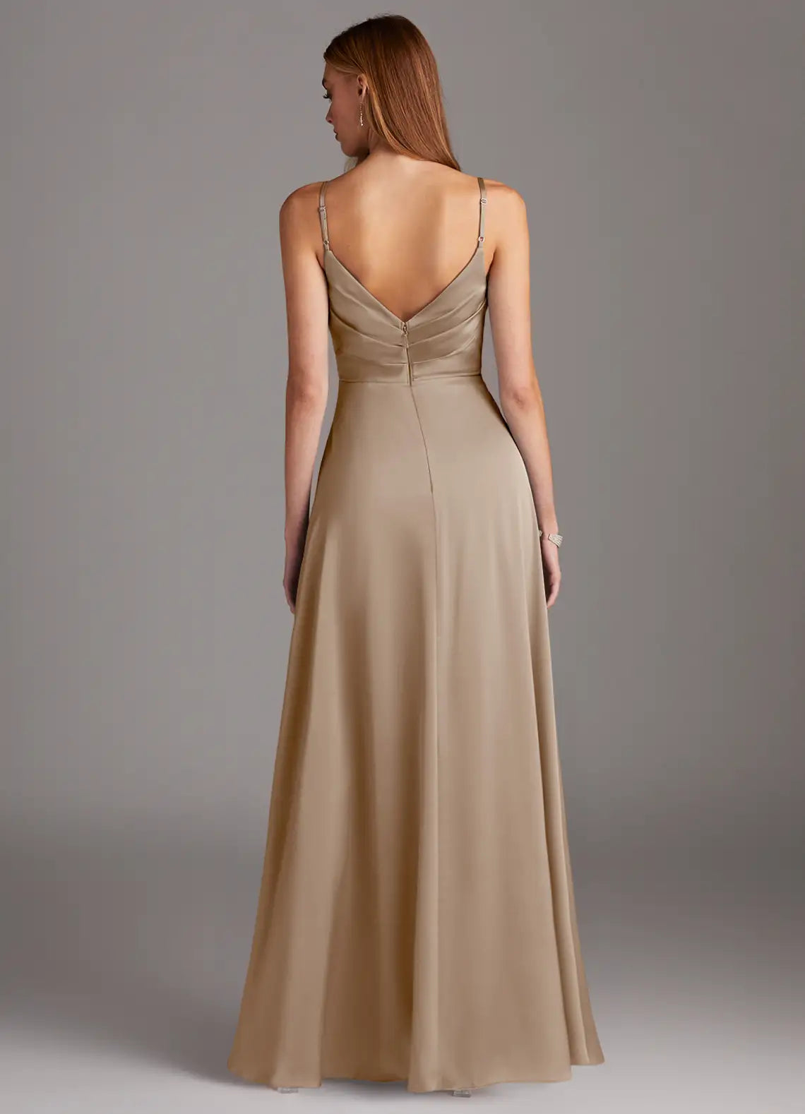 Champagne Spaghetti Strap Satin High Slit Wedding Dress - Chloe Dress