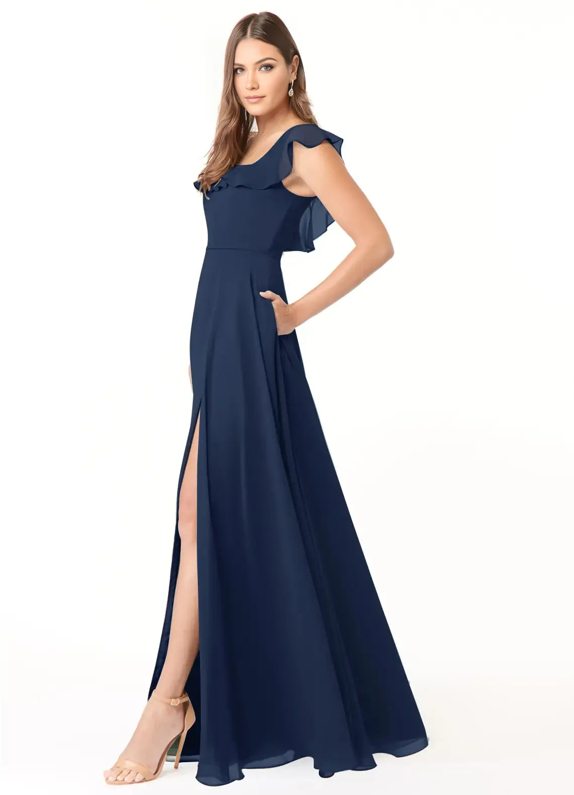 A-Line Square Neck Chiffon Open Back Ruffled Floor-Length Wedding Dress - Chloe Dress