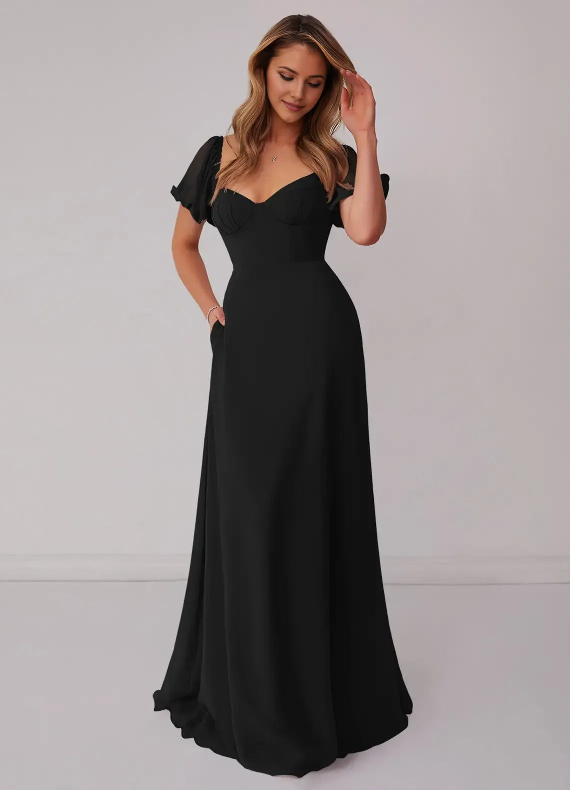 A-Line Sweetheart Chiffon Puff Sleeve Floor-Length Wedding Dress - Chloe Dress