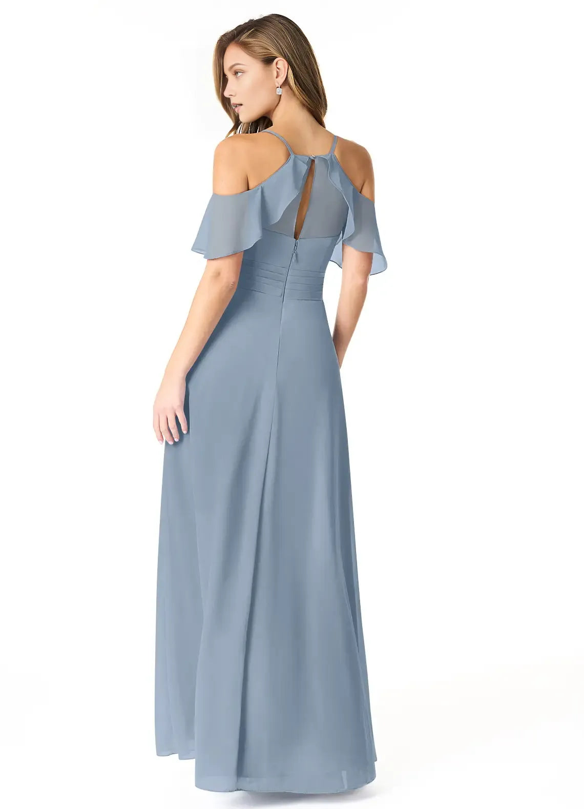 A-Line V-Neck Chiffon Cold Shoulder Ruffled Floor-Length Wedding Dress - Chloe Dress