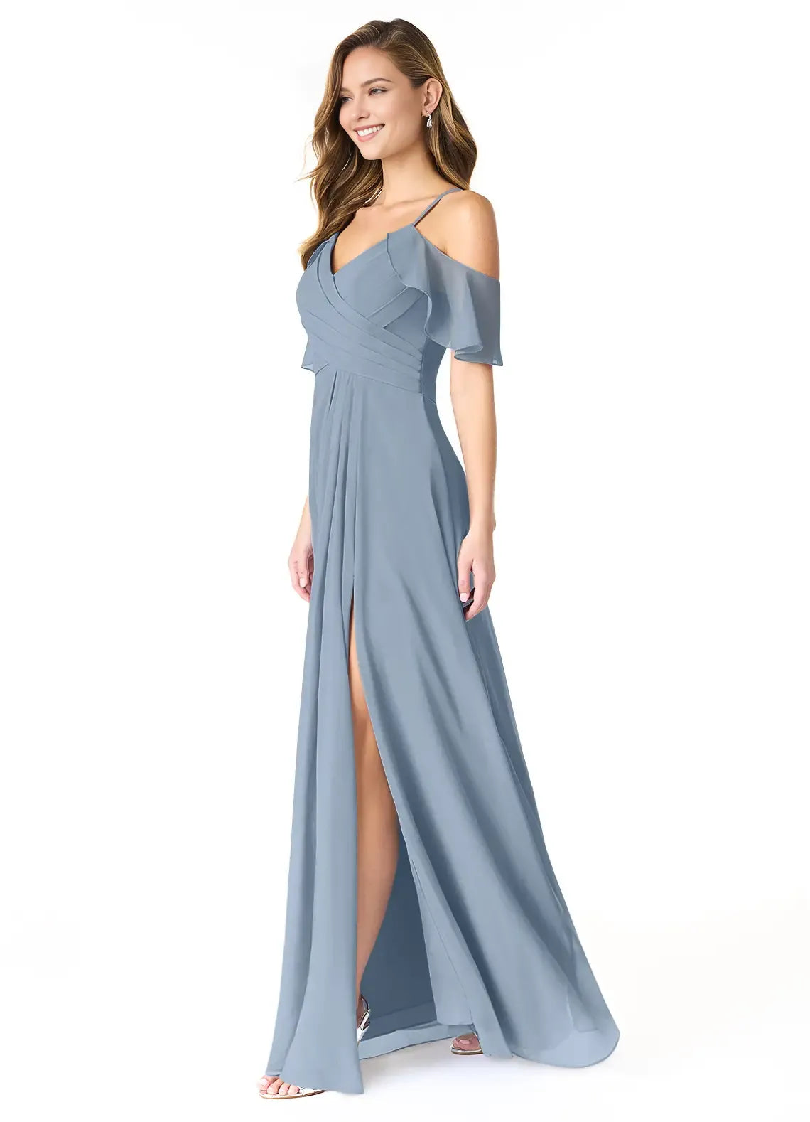 A-Line V-Neck Chiffon Cold Shoulder Ruffled Floor-Length Wedding Dress - Chloe Dress