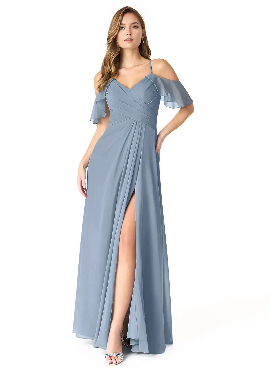 A-Line V-Neck Chiffon Cold Shoulder Ruffled Floor-Length Wedding Dress - Chloe Dress