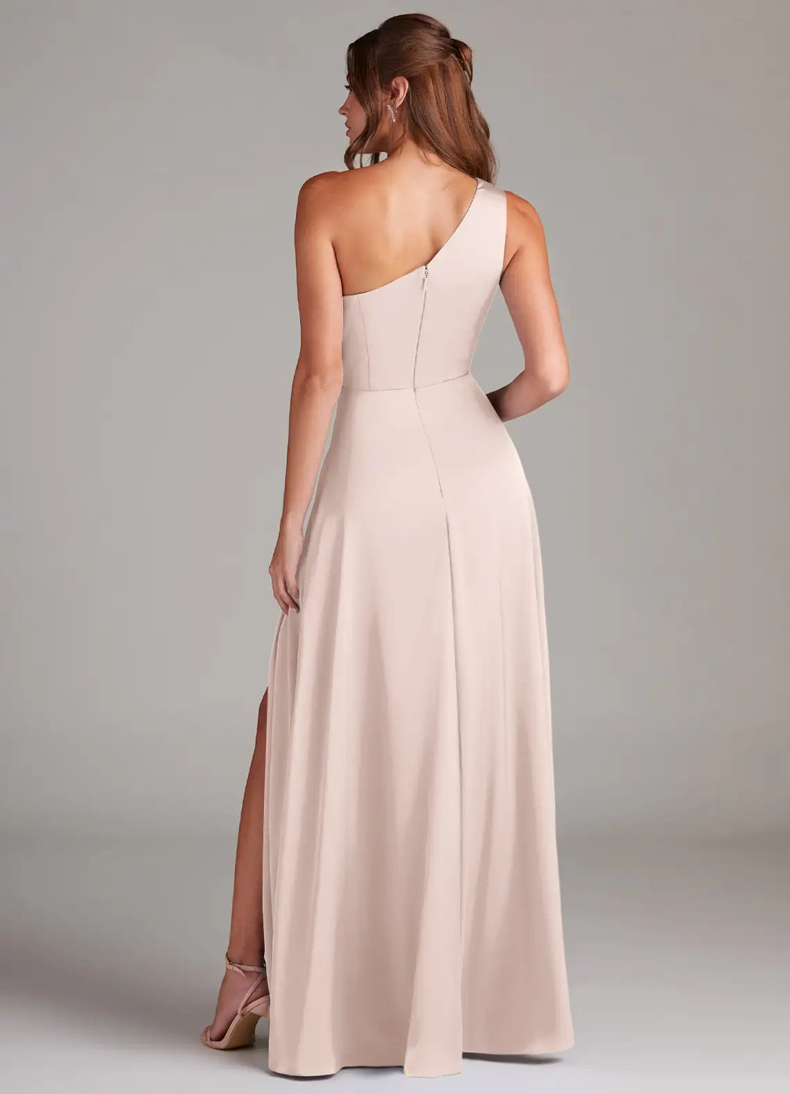 A-Line One-Shoulder Satin Sleeveless Zipper Back Floor-Length Wedding Dress - Chloe Dress