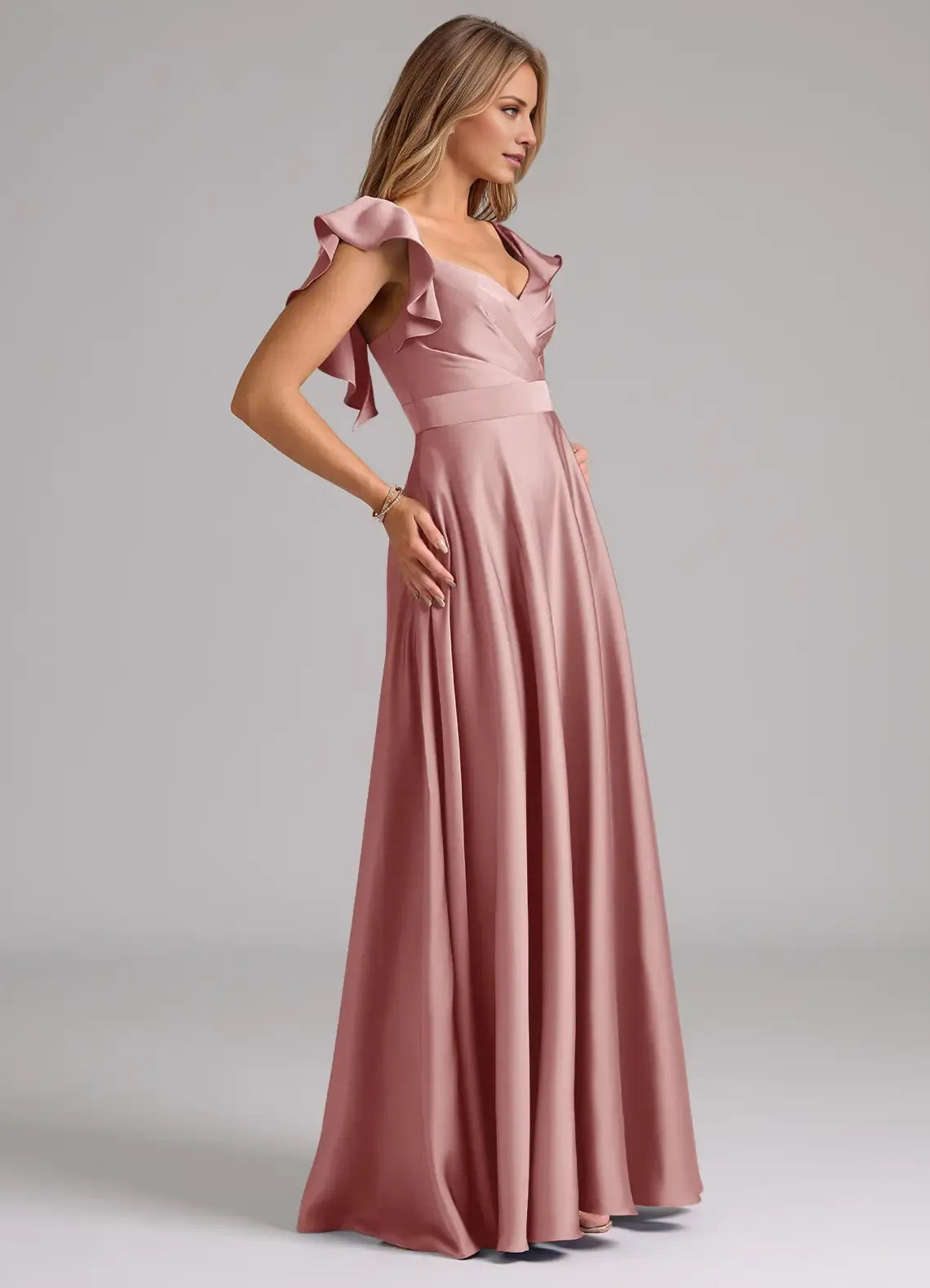 A-Line V-Neck Satin Open Back Ruffled Floor-Length Wedding Dress - Chloe Dress