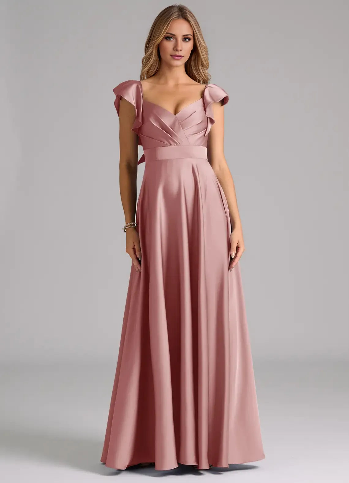 A-Line V-Neck Satin Open Back Ruffled Floor-Length Wedding Dress - Chloe Dress
