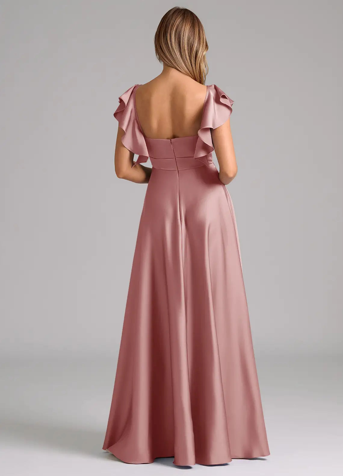 A-Line V-Neck Satin Open Back Ruffled Floor-Length Wedding Dress - Chloe Dress