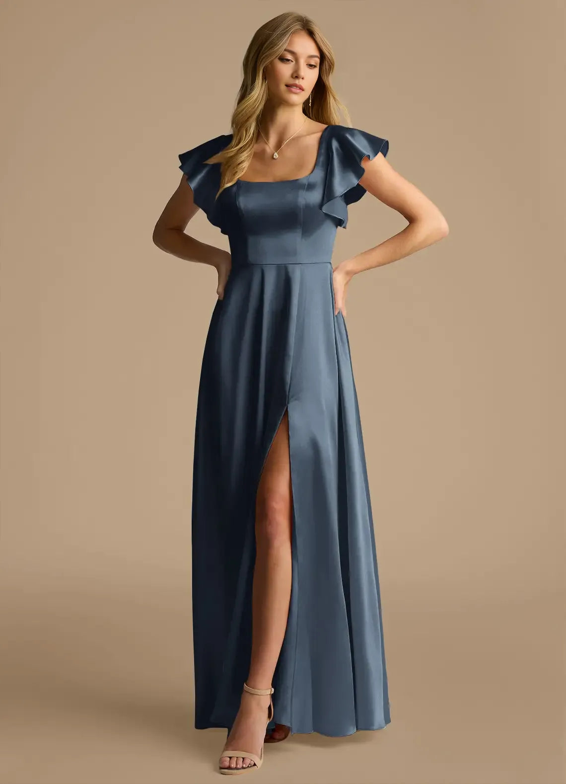A-Line Square Neck Short Sleeve Ruffled Floor-Length Wedding Dress - Chloe Dress