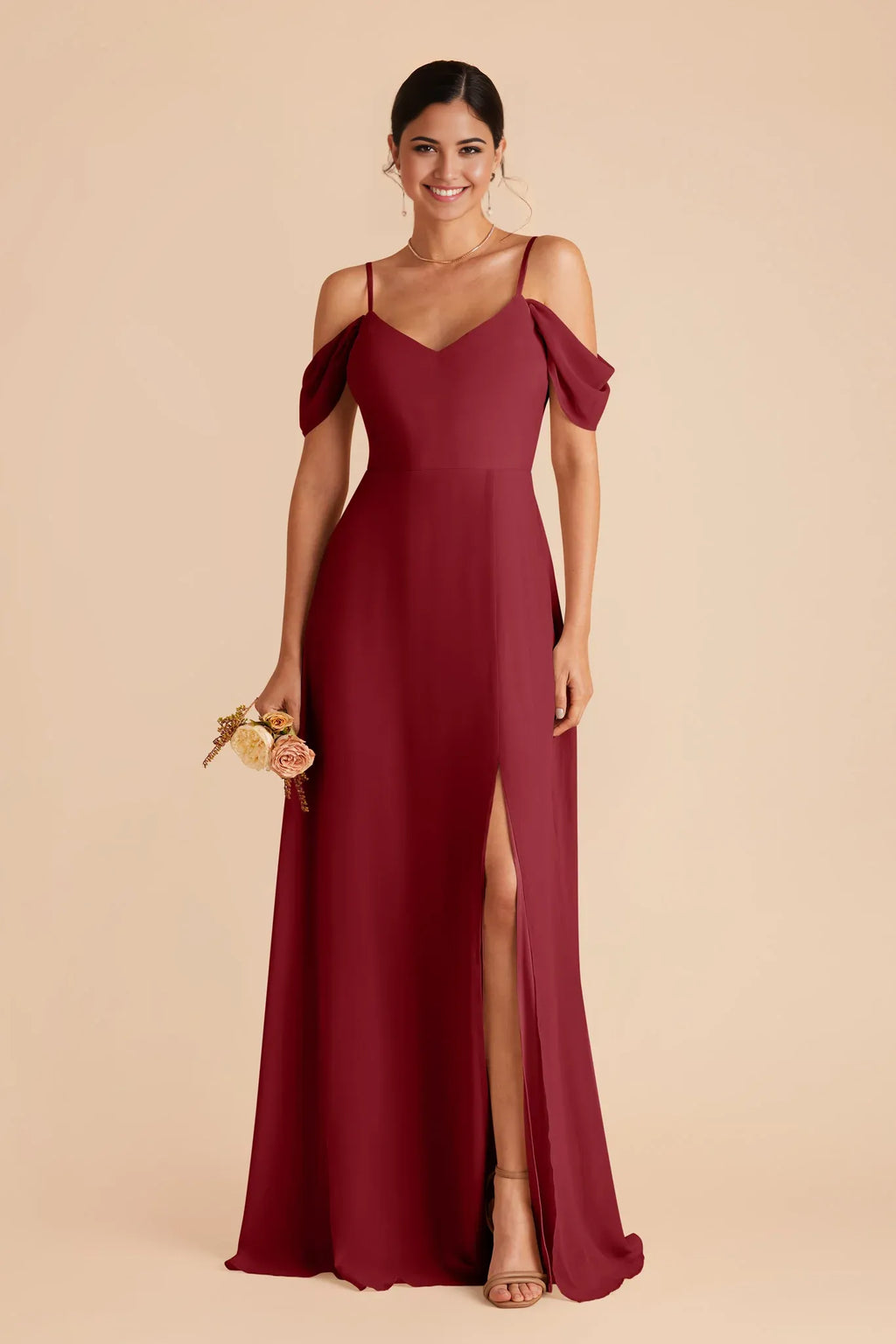 V-Neck Chiffon Cold Shoulder Open Back Floor-Length Wedding Dress - Chloe Dress