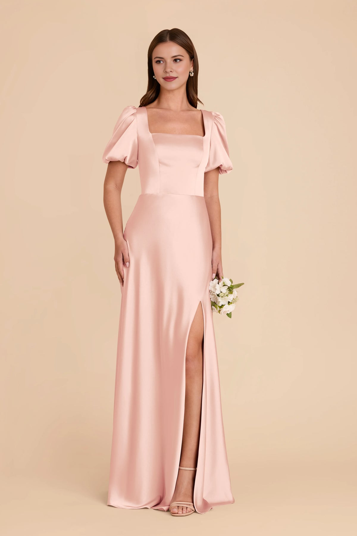 Sheath Square Neck Satin Puff Sleeve Zipper Back Floor-Length Wedding Dress - Chloe Dress