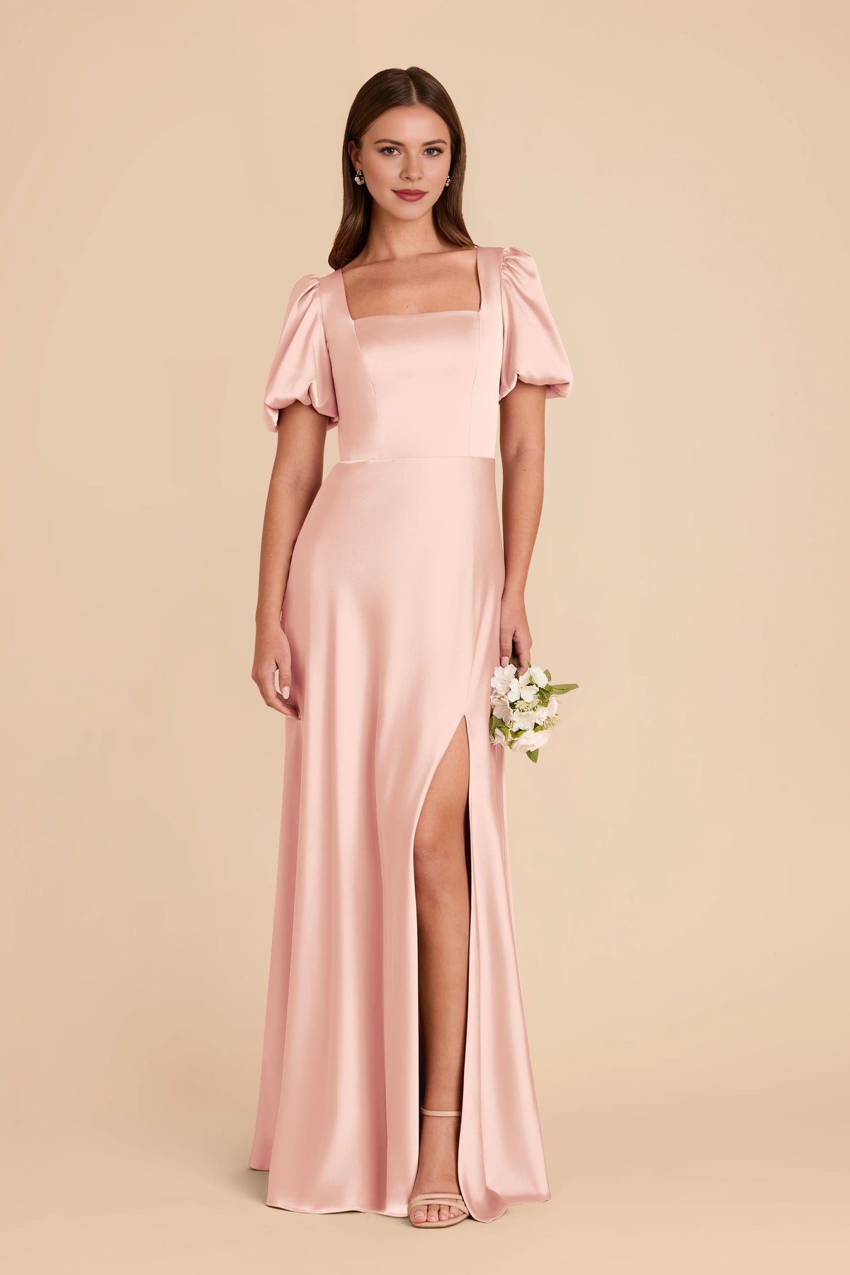 Sheath Square Neck Satin Puff Sleeve Zipper Back Floor-Length Wedding Dress - Chloe Dress