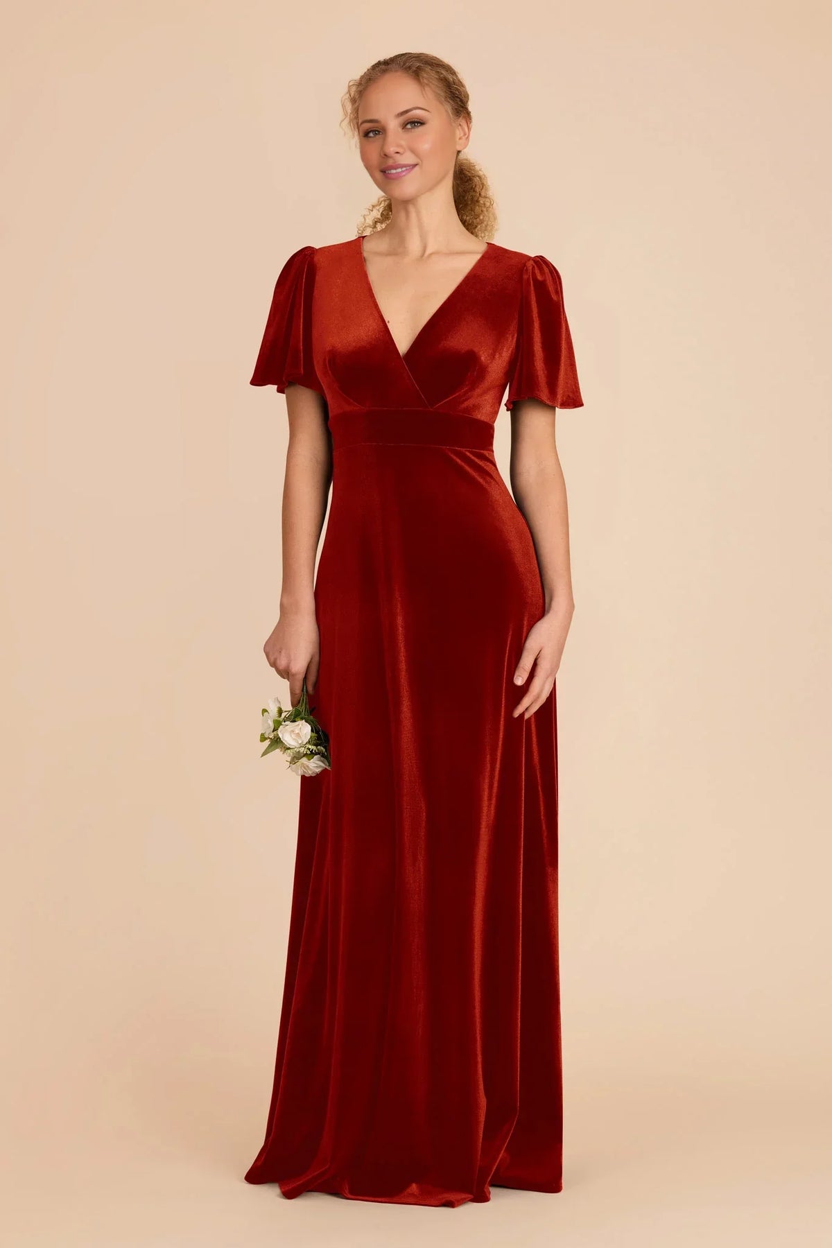 Orange V-Neck Velvet Floor-Length Wedding Dress - Chloe Dress