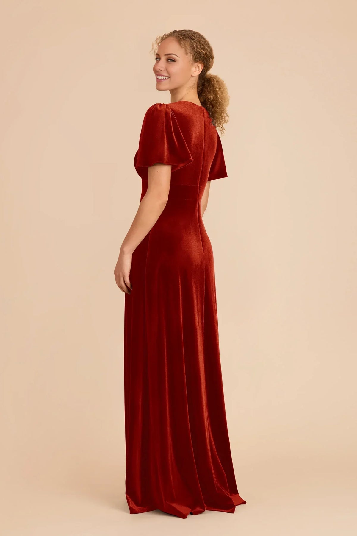 Orange V-Neck Velvet Floor-Length Wedding Dress - Chloe Dress