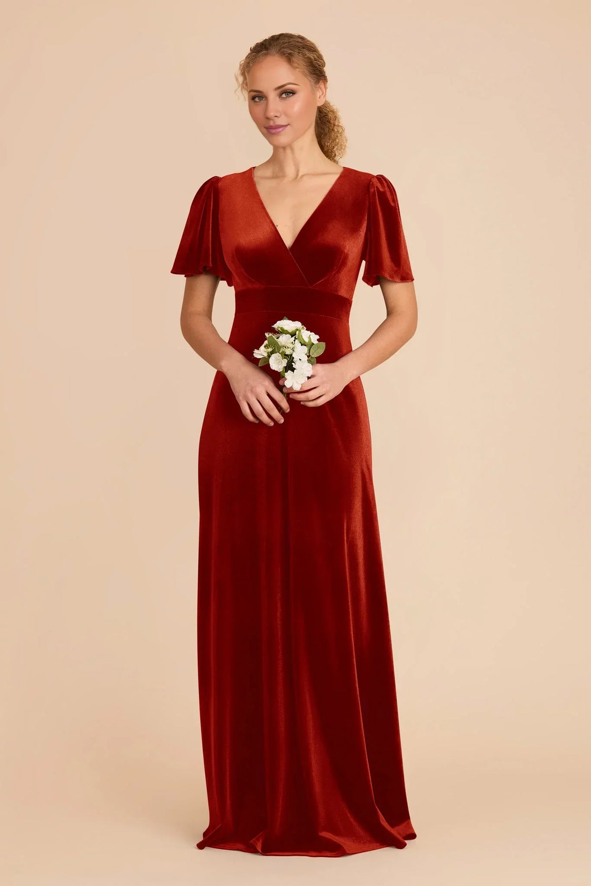 Orange V-Neck Velvet Floor-Length Wedding Dress - Chloe Dress