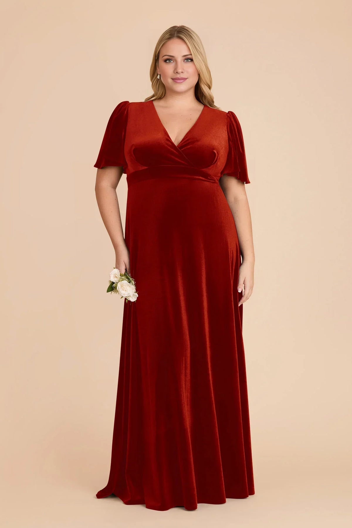 Orange V-Neck Velvet Floor-Length Wedding Dress - Chloe Dress