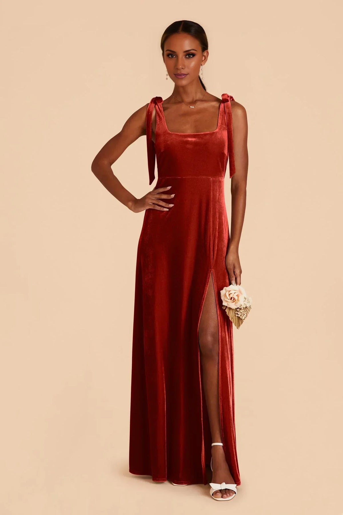 Orange Square Neck Velvet Open Back High Slit Floor-Length Wedding Dress - Chloe Dress