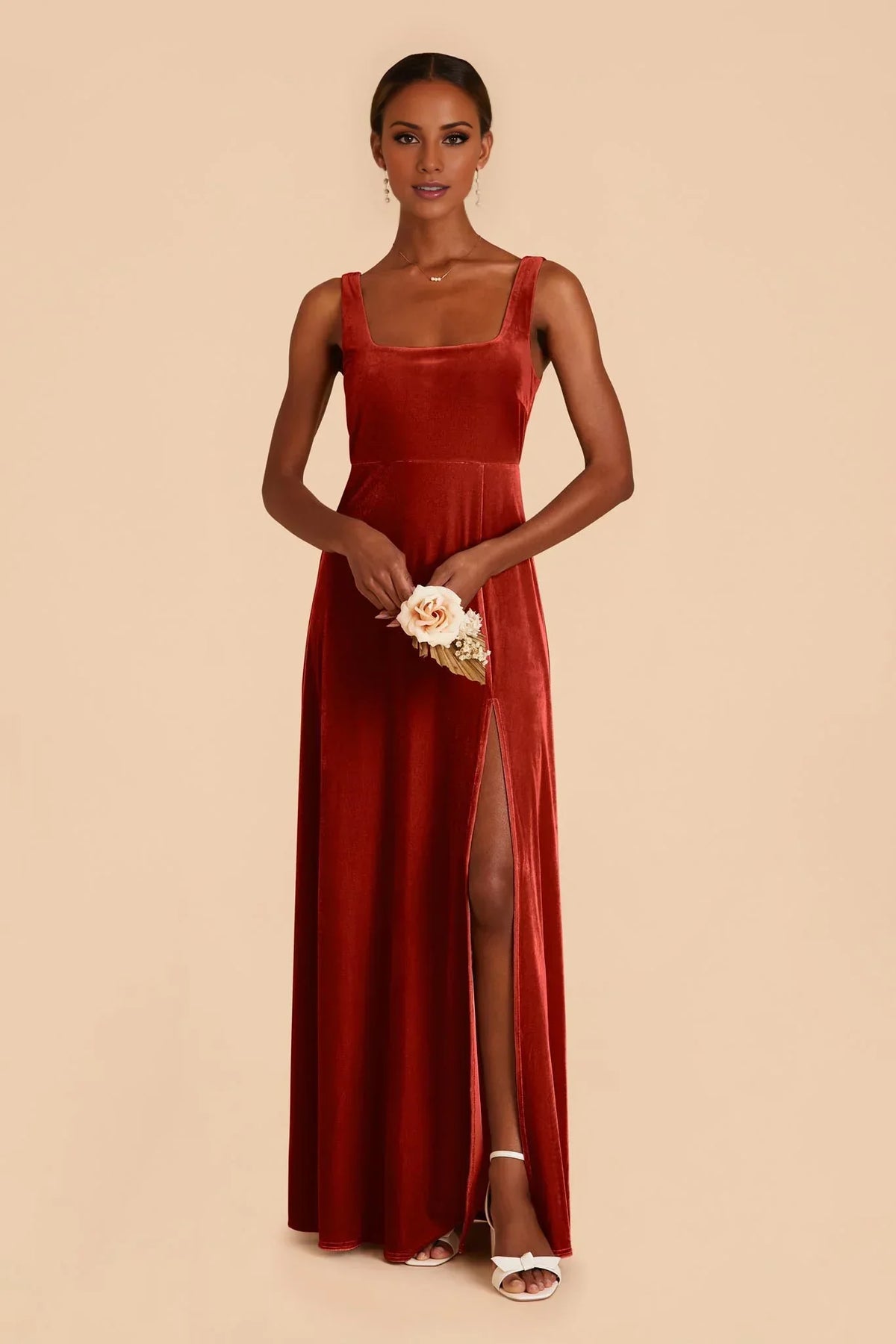 Orange Square Neck Velvet Open Back High Slit Floor-Length Wedding Dress - Chloe Dress