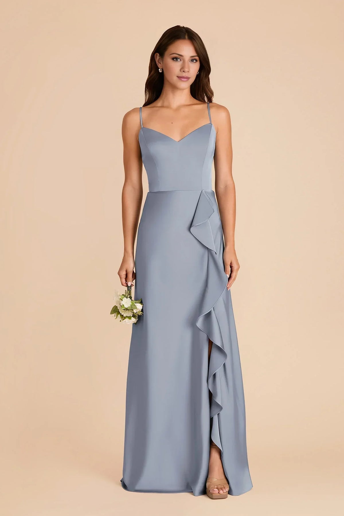 Blue V-Neck Satin High Slit Floor-Length Wedding Dress - Chloe Dress