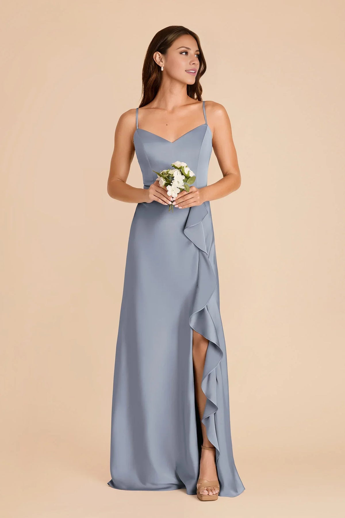Blue V-Neck Satin High Slit Floor-Length Wedding Dress - Chloe Dress