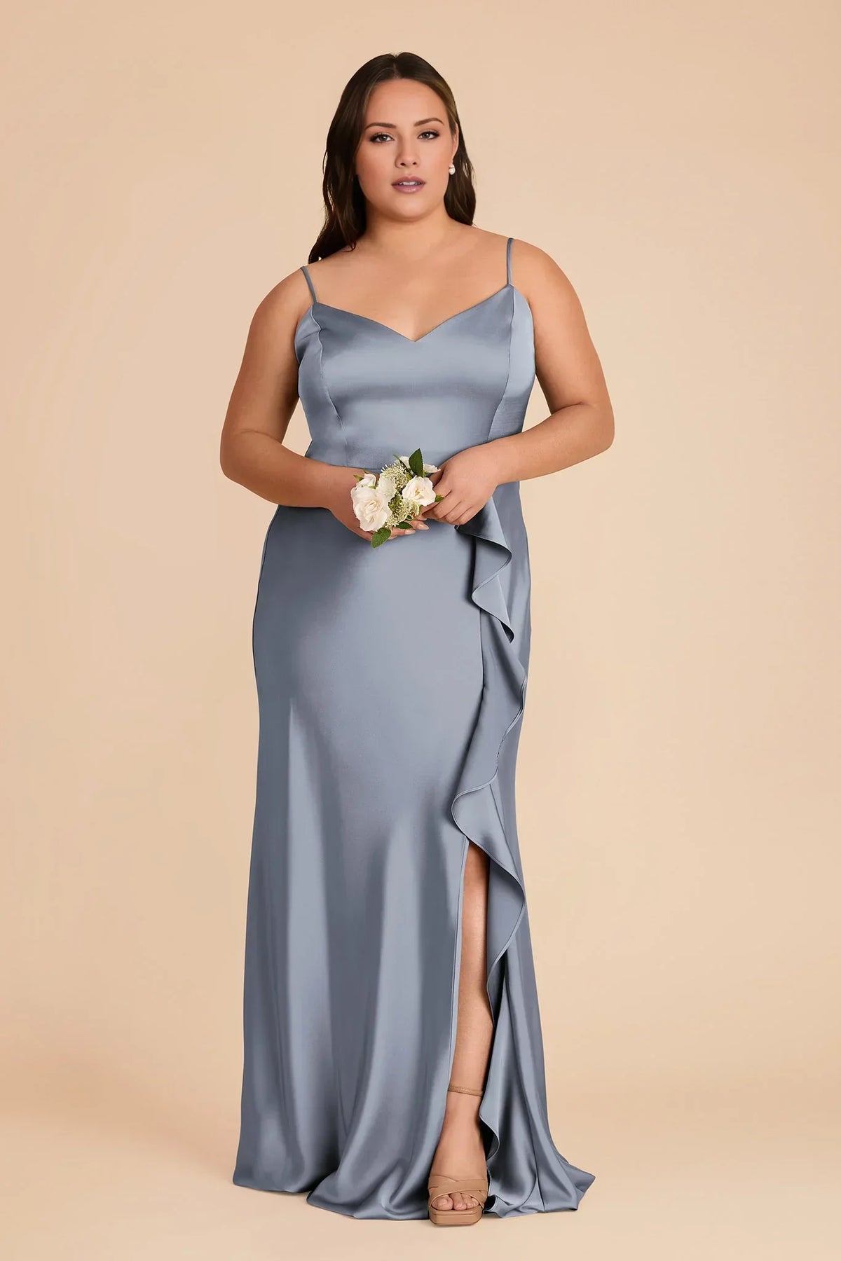 Blue V-Neck Satin High Slit Floor-Length Wedding Dress - Chloe Dress