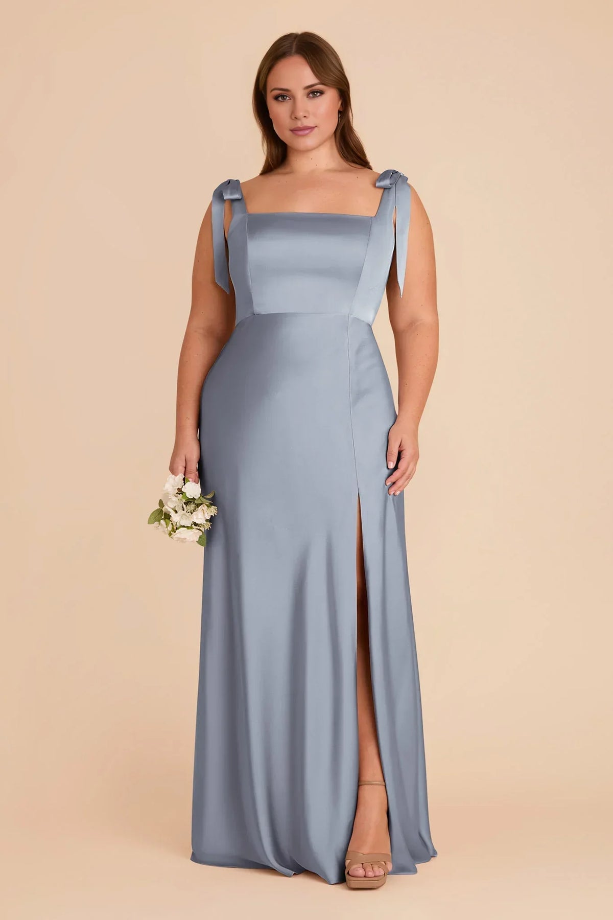 Blue Square Neck Satin High Slit Floor-Length Wedding Dress - Chloe Dress