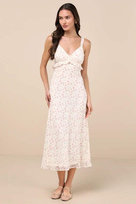 A-Line V-Neck Chiffon Ruffled Midi Dress - Chloe Dress