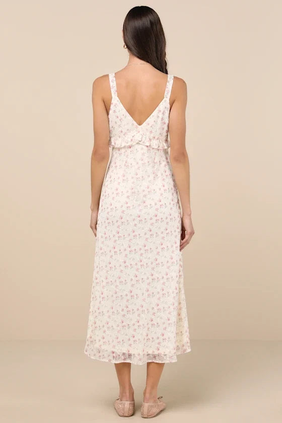 A-Line V-Neck Chiffon Ruffled Midi Dress - Chloe Dress