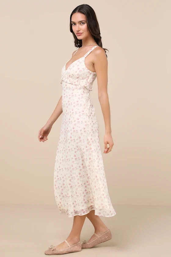 A-Line V-Neck Chiffon Ruffled Midi Dress - Chloe Dress