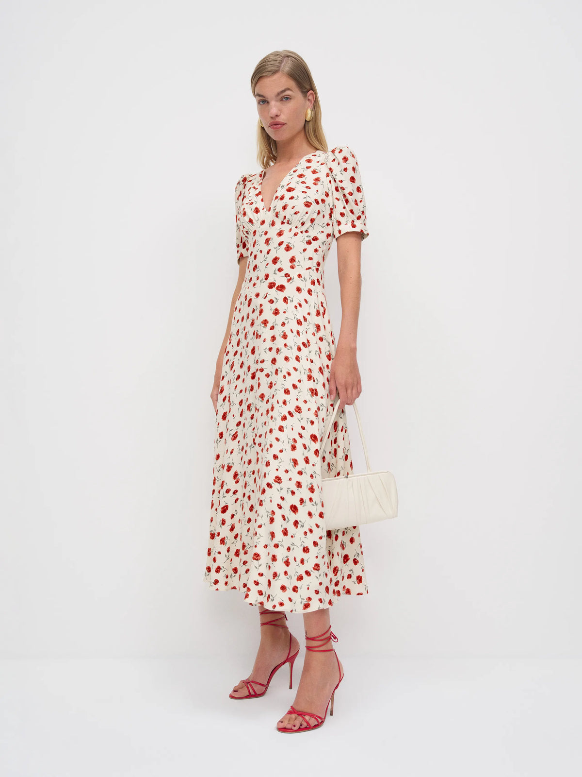 A-Line V-Neck Satin Puff Sleeve Midi Prom Dress - Chloe Dress