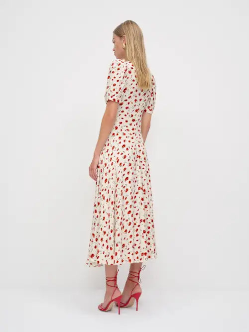 A-Line V-Neck Satin Puff Sleeve Midi Prom Dress - Chloe Dress